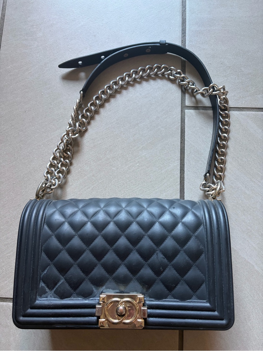 Black Quilted Chain-Handle Shoulder Bag with Gold Hardware